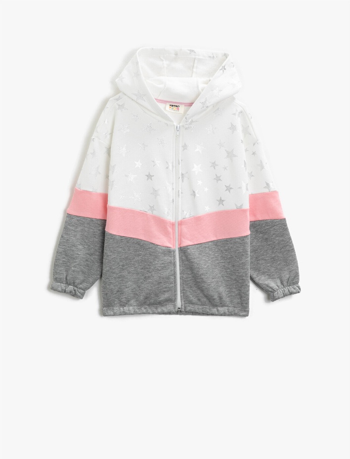 Kız Çocuk Pamuklu Kapüşonlu Baskılı Renk Bloklu Fermuarlı Sweatshirt