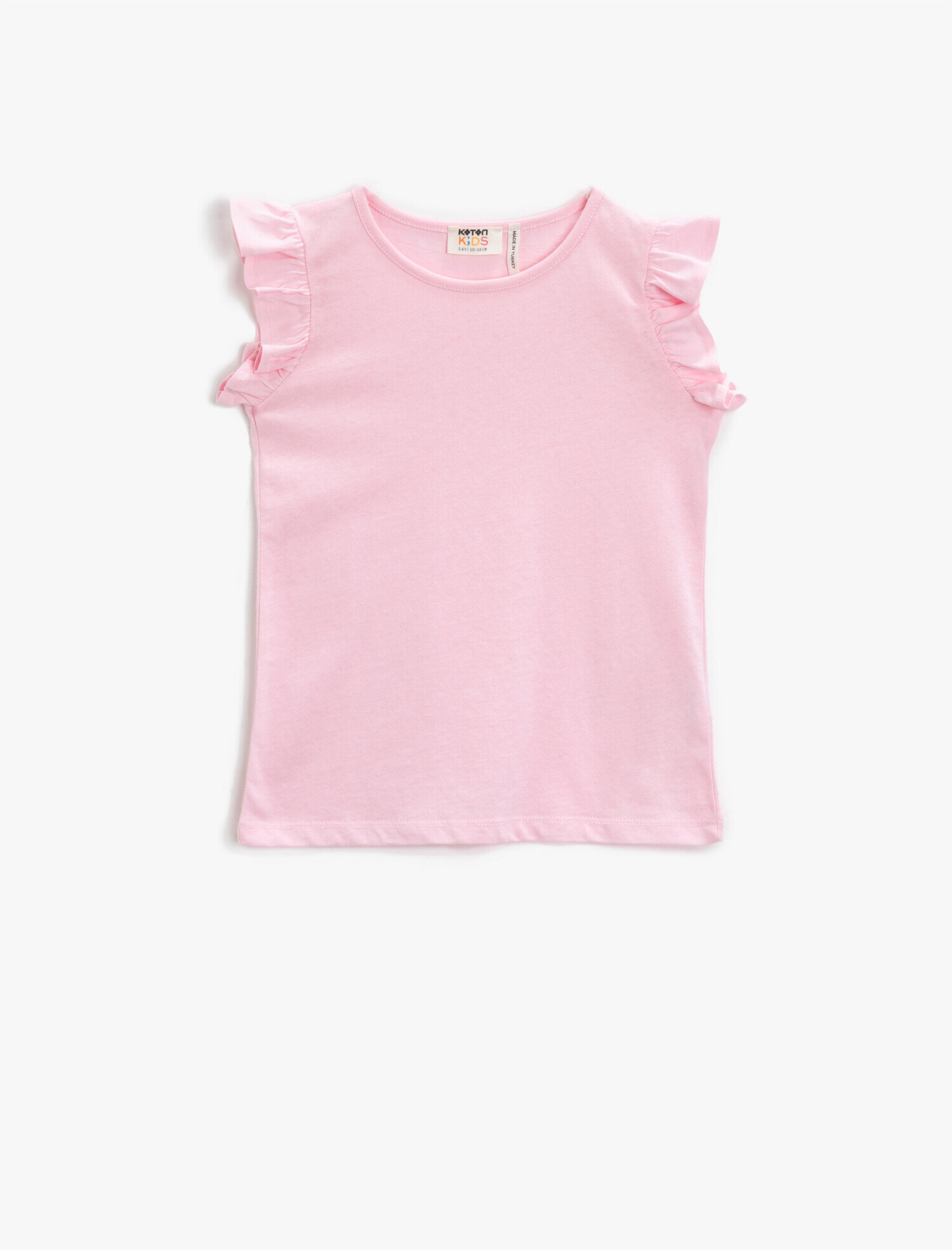  Kız Çocuk Bisiklet Yaka Tişört Kolu Fırfırlı Basic Pamuklu