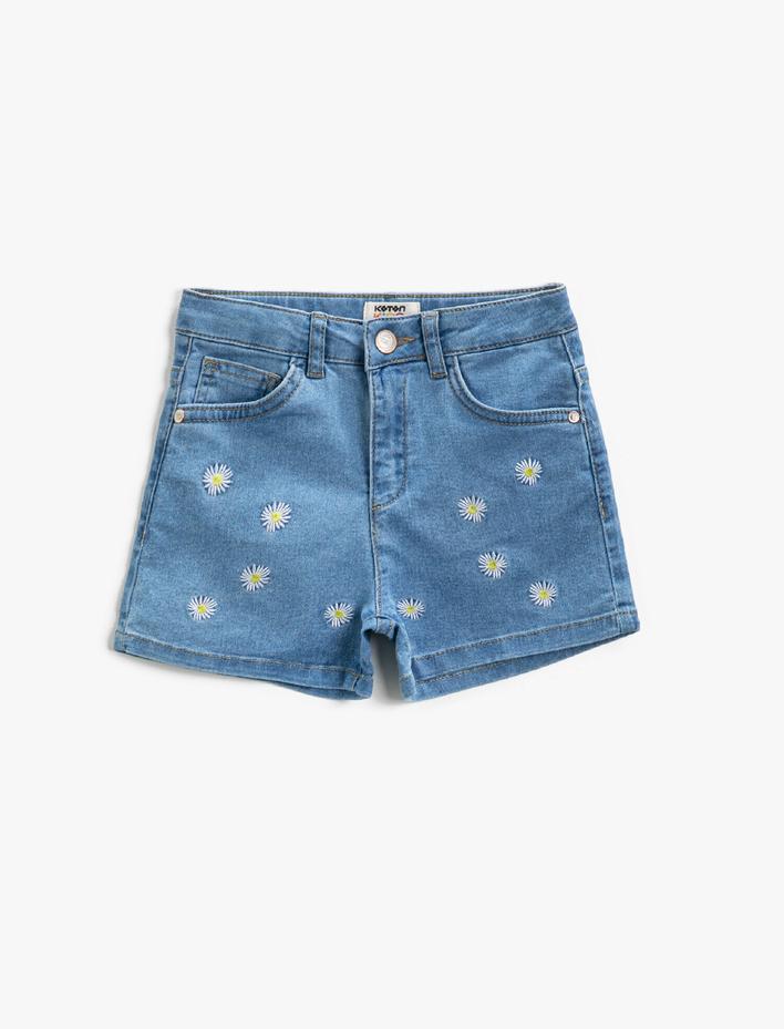 Kız Çocuk Çiçekli Jean Şort İşlemeli Pamuklu