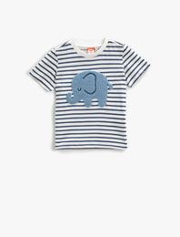 Çizgili Tişört Bisiklet Yaka Kısa Kollu Pamuklu