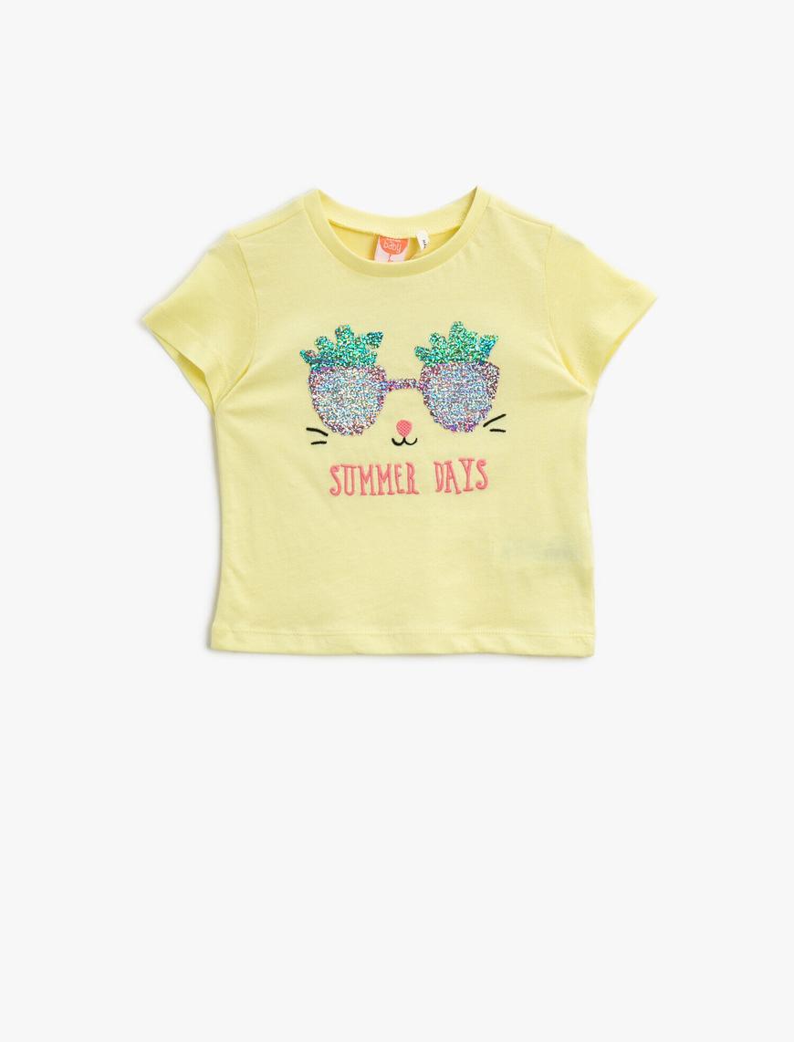  Kız Bebek Simli Tişört Yazı İşlemeli Pamuklu
