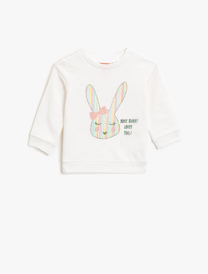 Kız Bebek Simli Baskılı Pamuklu Bisiklet Yaka Uzun Kollu Sweatshirt