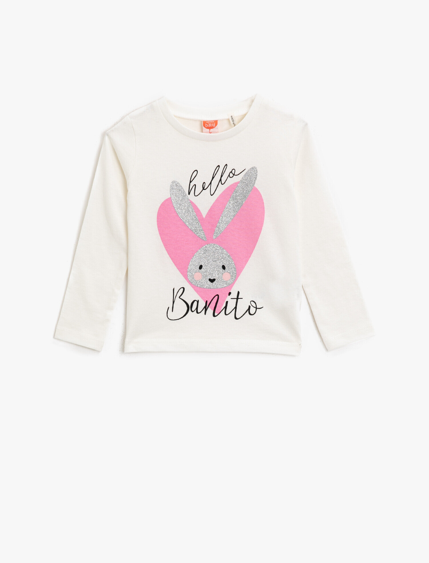  Kız Bebek Pamuklu Simli Baskılı Bisiklet Yaka Uzun Kollu Tişört