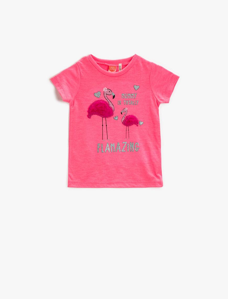  Kız Bebek Flamingo Desenli Tişört Sloganlı