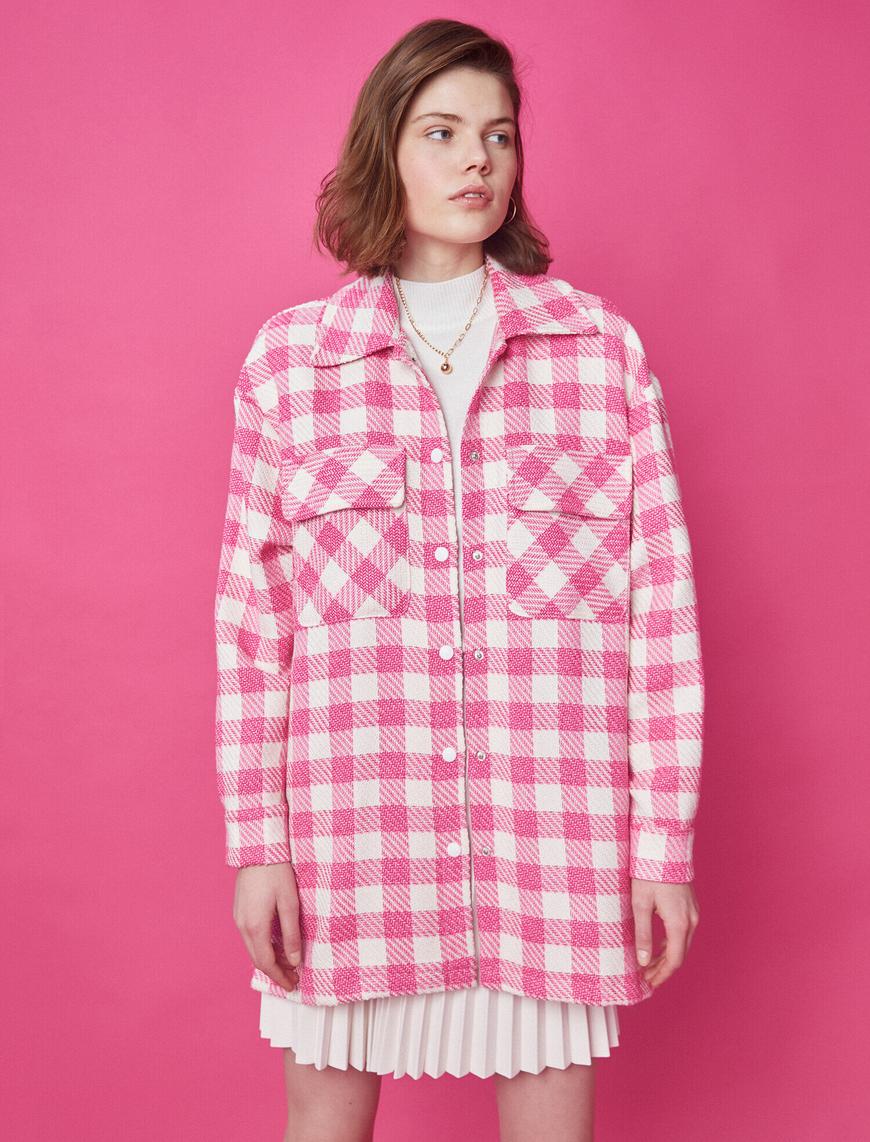   Vatkalı Ceket Kareli 3/4 Kol Cepli Oversize