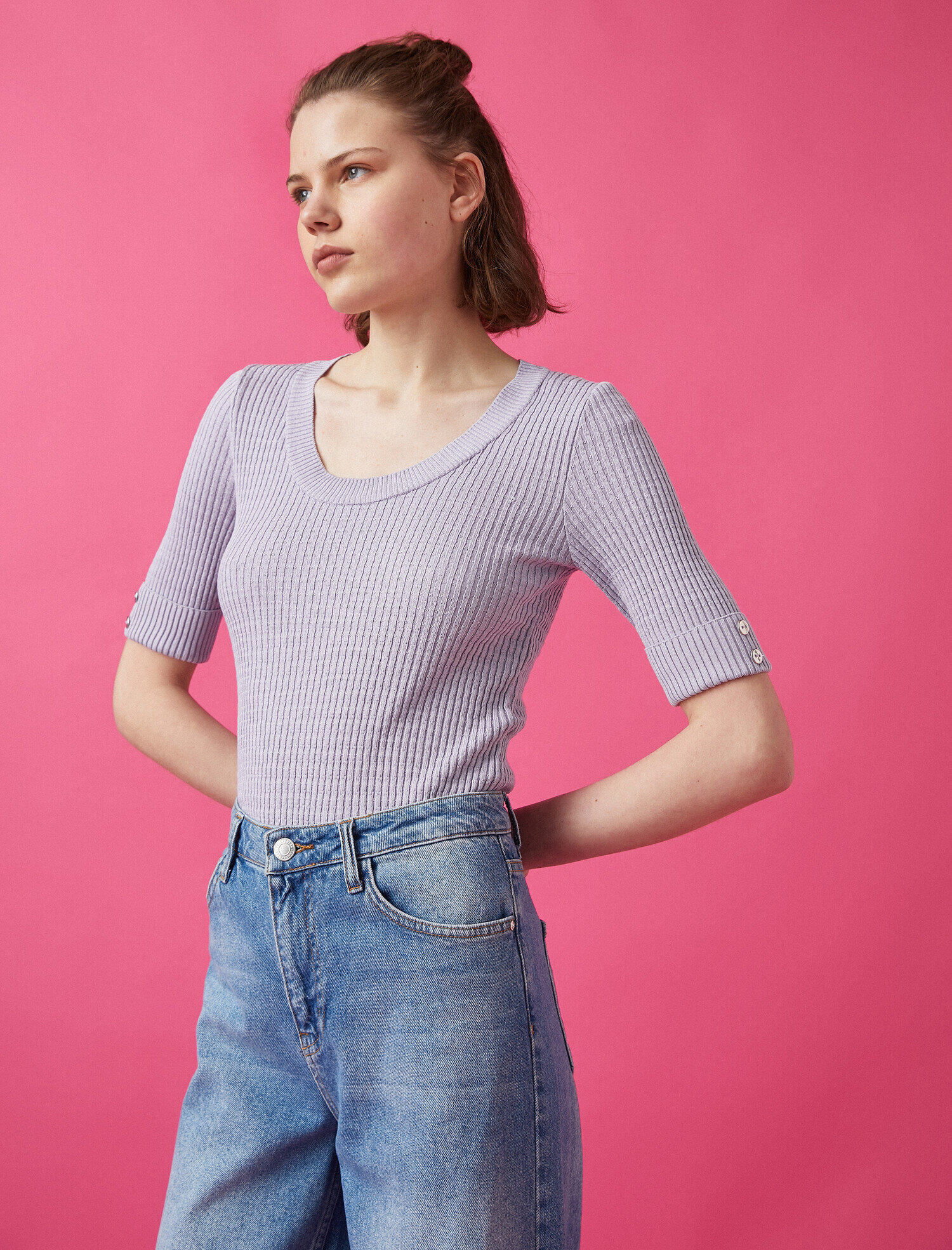   3 /4 Kol Düğme Detaylı V Yaka Triko Kazak