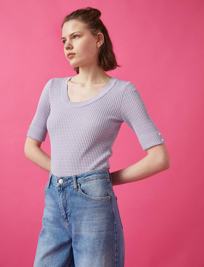  3 /4 Kol Düğme Detaylı V Yaka Triko Kazak