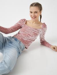 Uzun Kollu Tişört Büzgülü Kadife