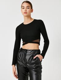 Uzun Kollu Crop Tişört Tül Detaylı