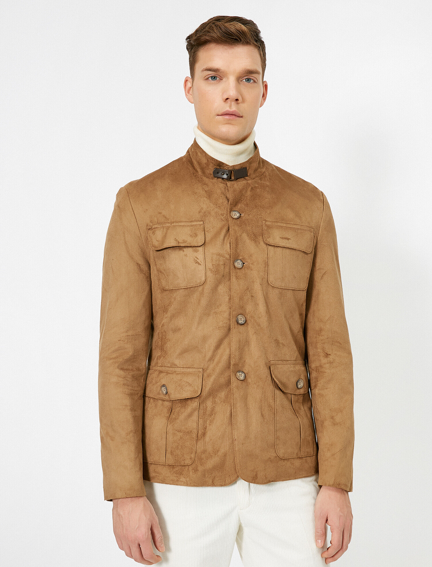 Süet Görünümlü Ceket Cep Detaylı Düğmeli