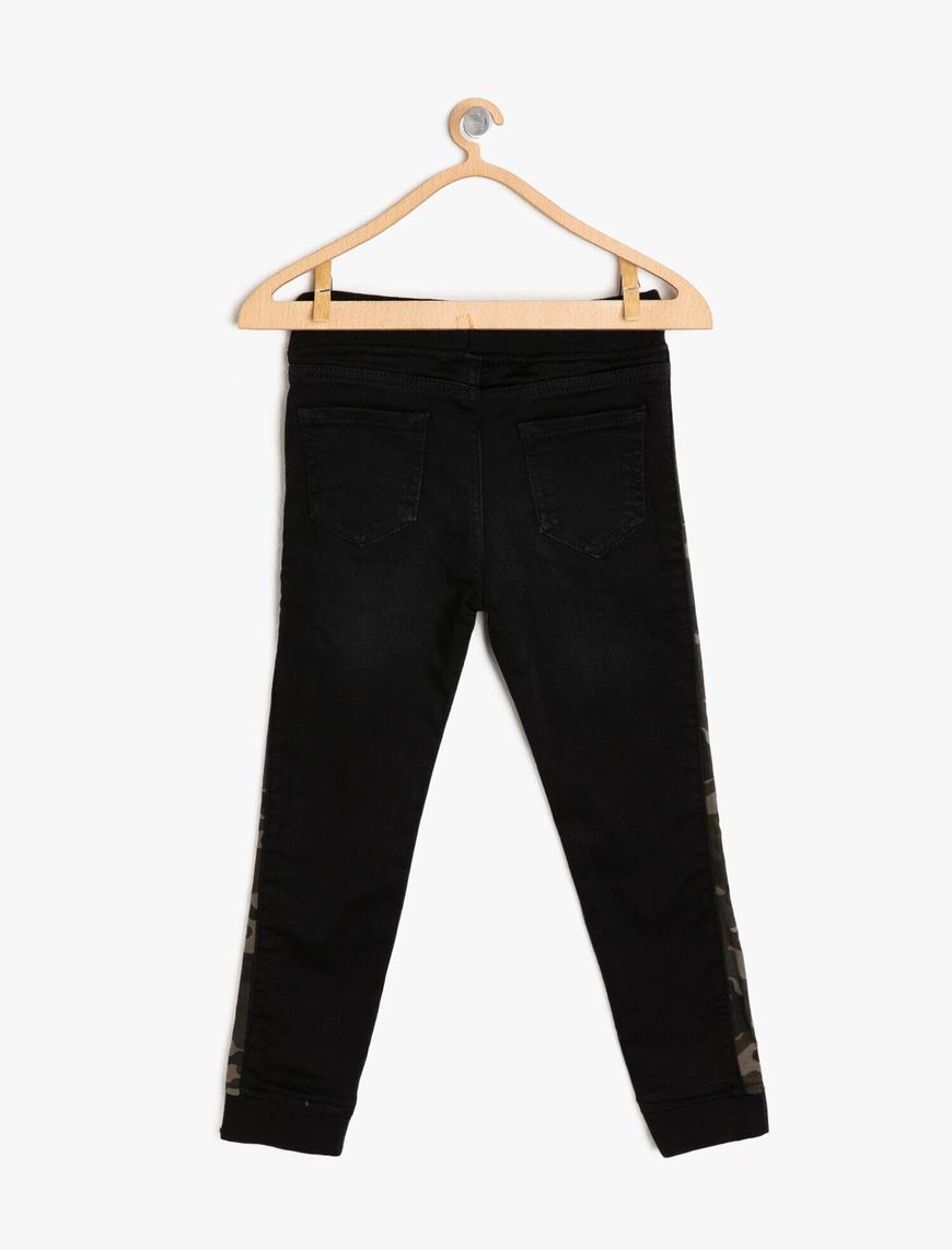  Erkek Çocuk Kot Pantolon Kamuflaj Şerit Detaylı Beli Bağlamalı - Slim Jean
