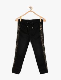 Kot Pantolon Kamuflaj Şerit Detaylı Beli Bağlamalı - Slim Jean