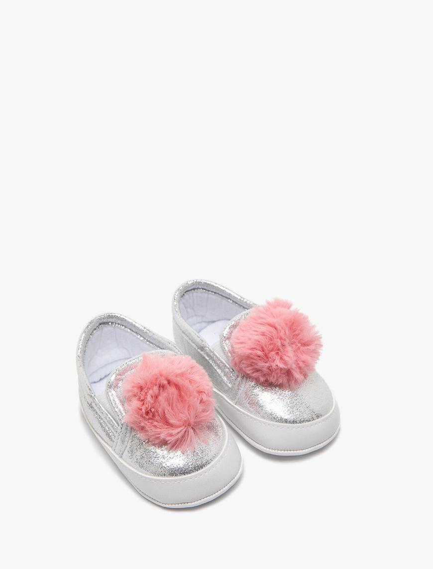  Kız Bebek Ponpon Detaylı Bağcıksız Ayakkabı