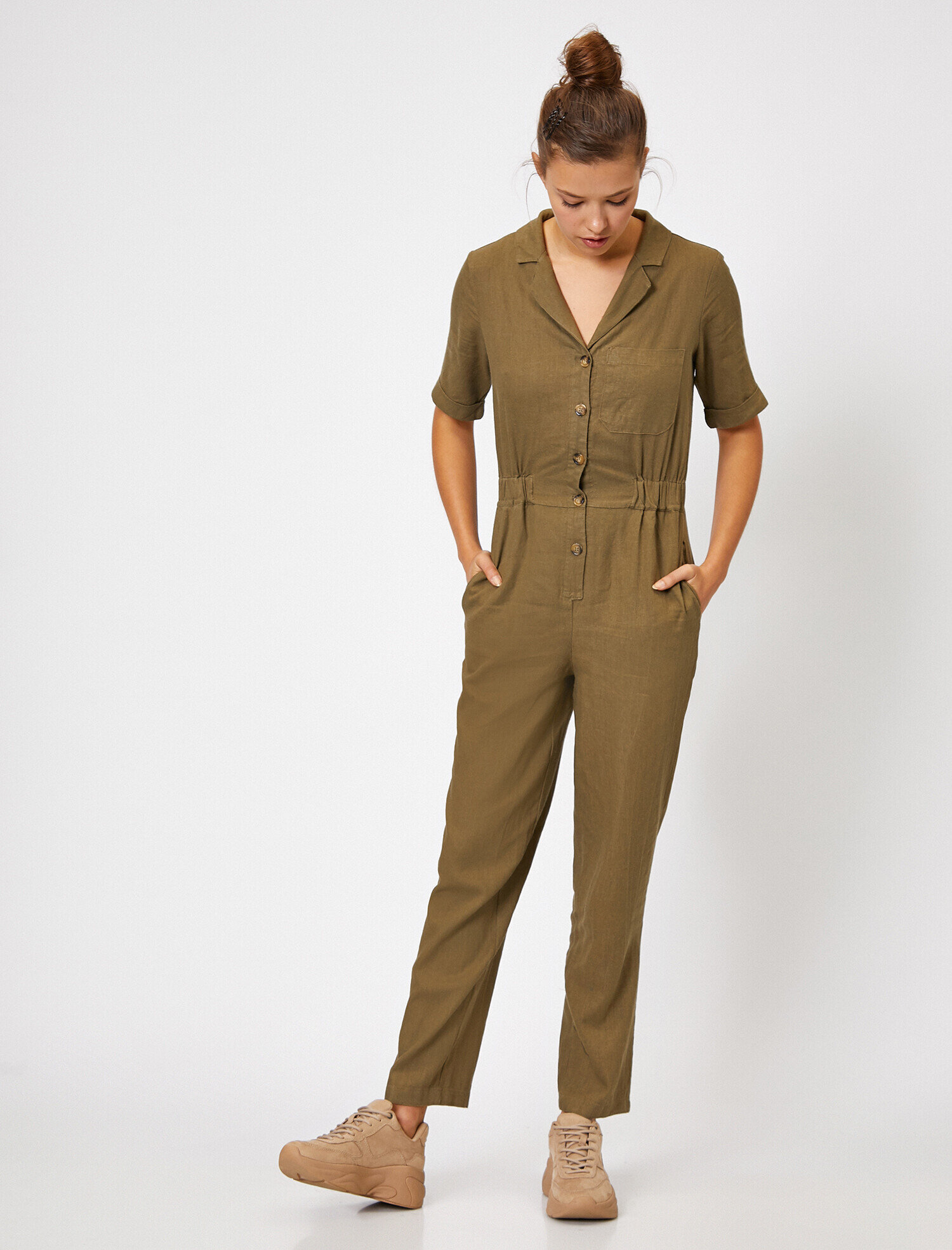   Beli Büzgü Detaylı Utility Tulum Keten Karışımlı