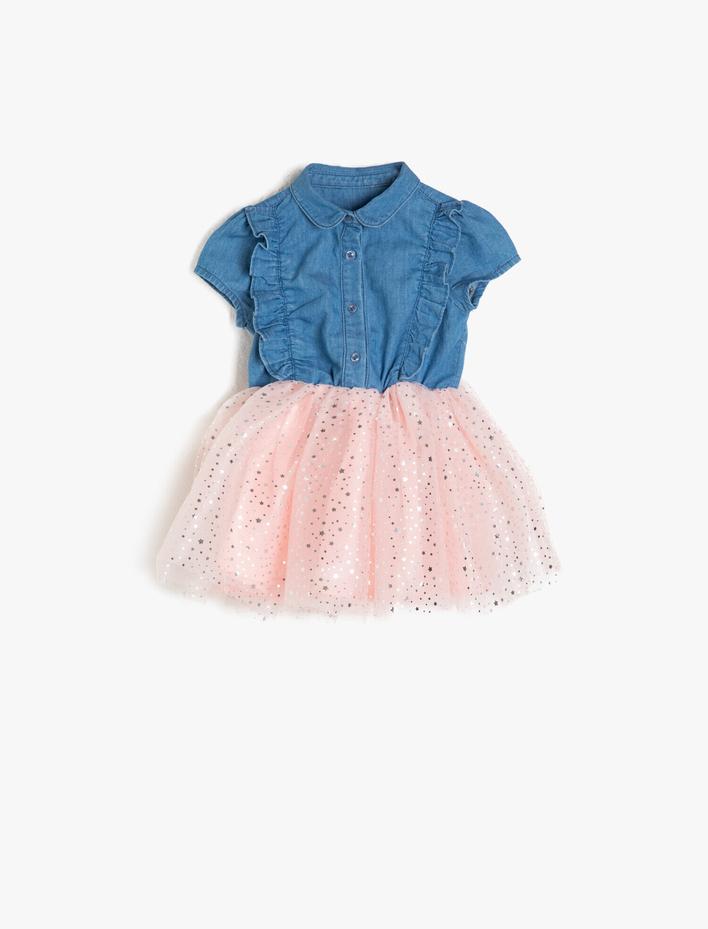 Kız Bebek Tül Detaylı Jean Elbise