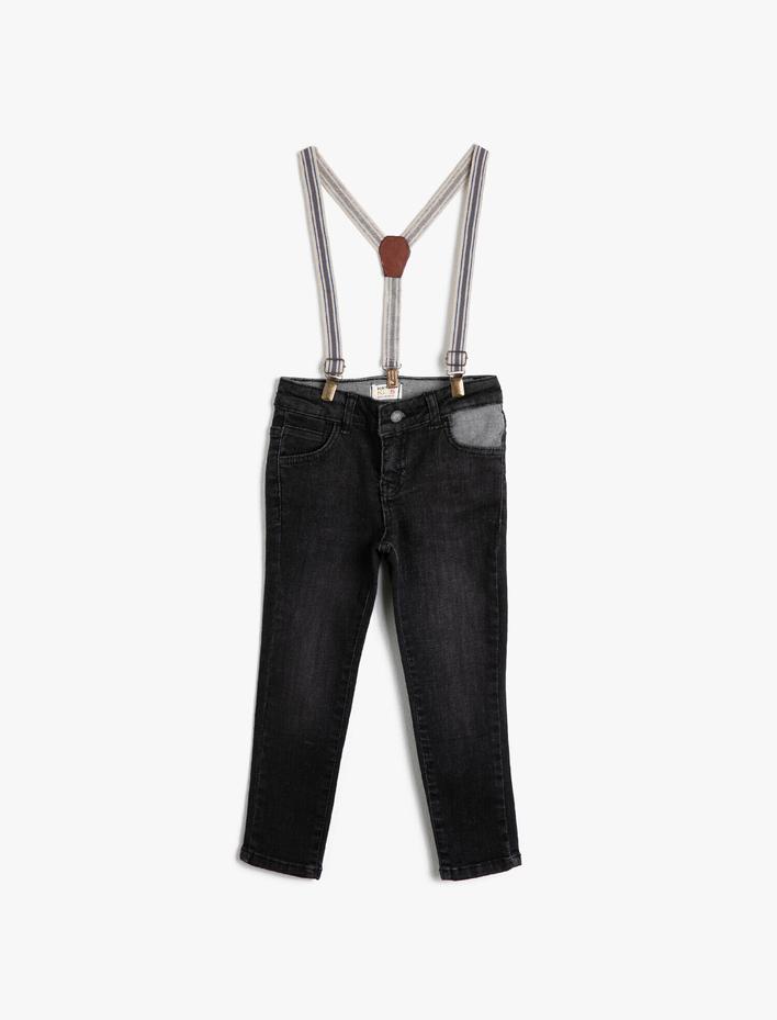 Erkek Çocuk Kot Pantolon Dar Paça Pamuklu Cepli Askılı - Slim Jean