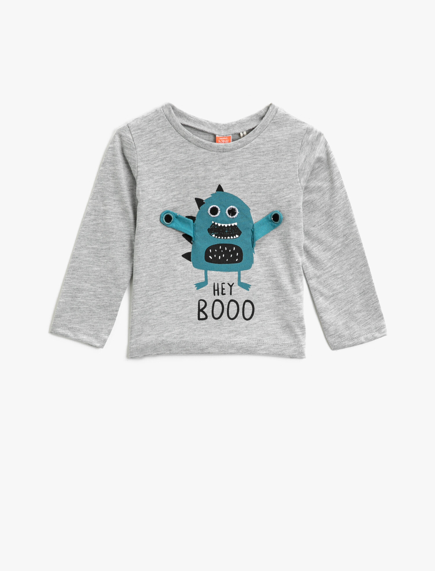 Gri Erkek Bebek Bisiklet Yaka Uzun Kollu Baskılı Tişört
