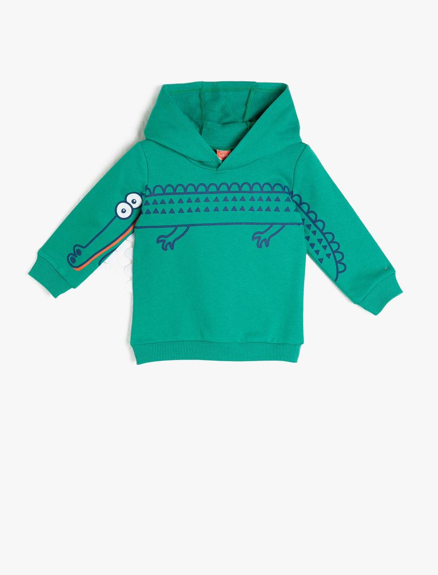  Erkek Bebek Pamuklu Kapüşonlu Uzun Kollu Baskılı Sweatshirt