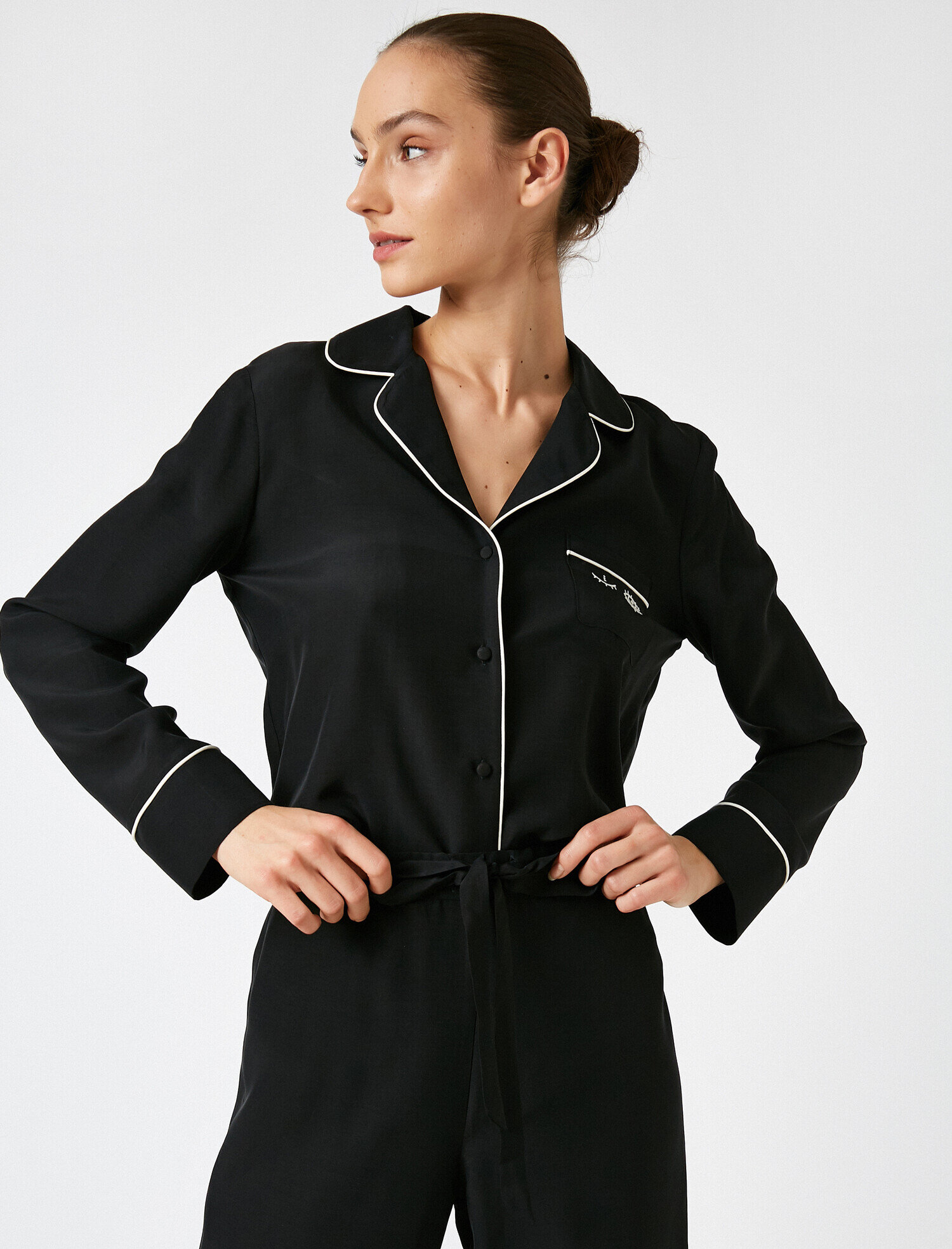   Gömlek Yaka Şerit Detaylı Pijama Üstü