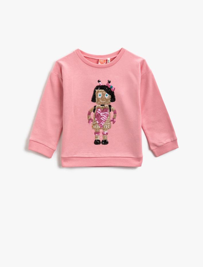 Kız Bebek Pamuklu Pullu Bisiklet Yaka Uzun Kollu Sweatshirt
