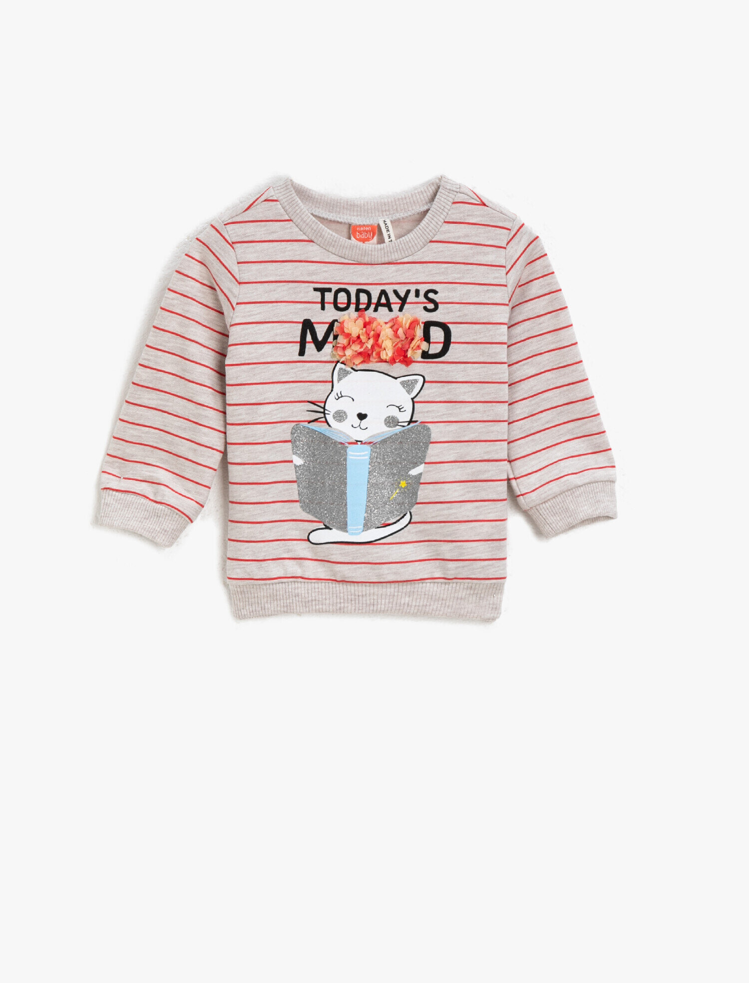  Kız Bebek Çizgili Bisiklet Yaka Baskılı Sweatshirt