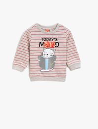 Çizgili Bisiklet Yaka Baskılı Sweatshirt