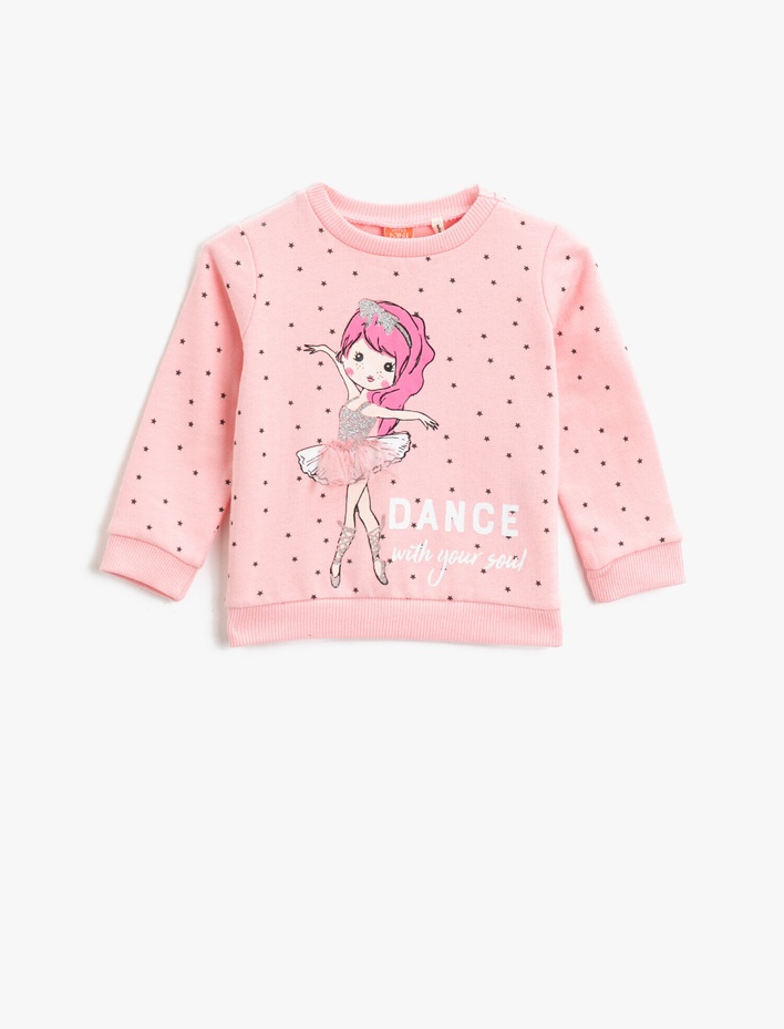 Kız Bebek Pamuklu Bisiklet Yaka Uzun Kollu Baskılı Sweatshirt