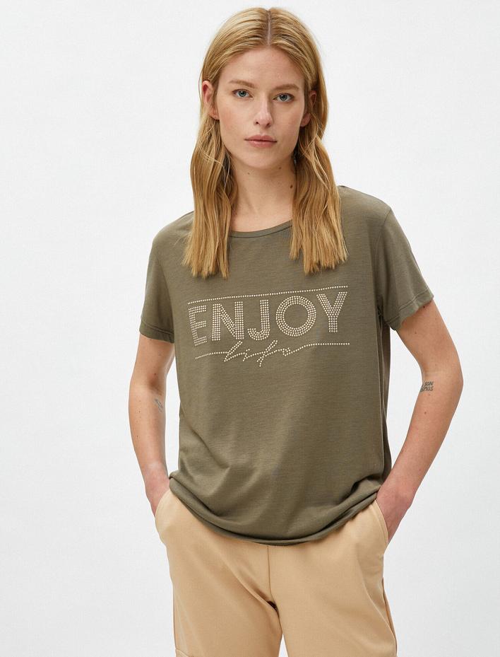  Kısa Kollu Tişört Bisiklet Yaka Slogan Detaylı