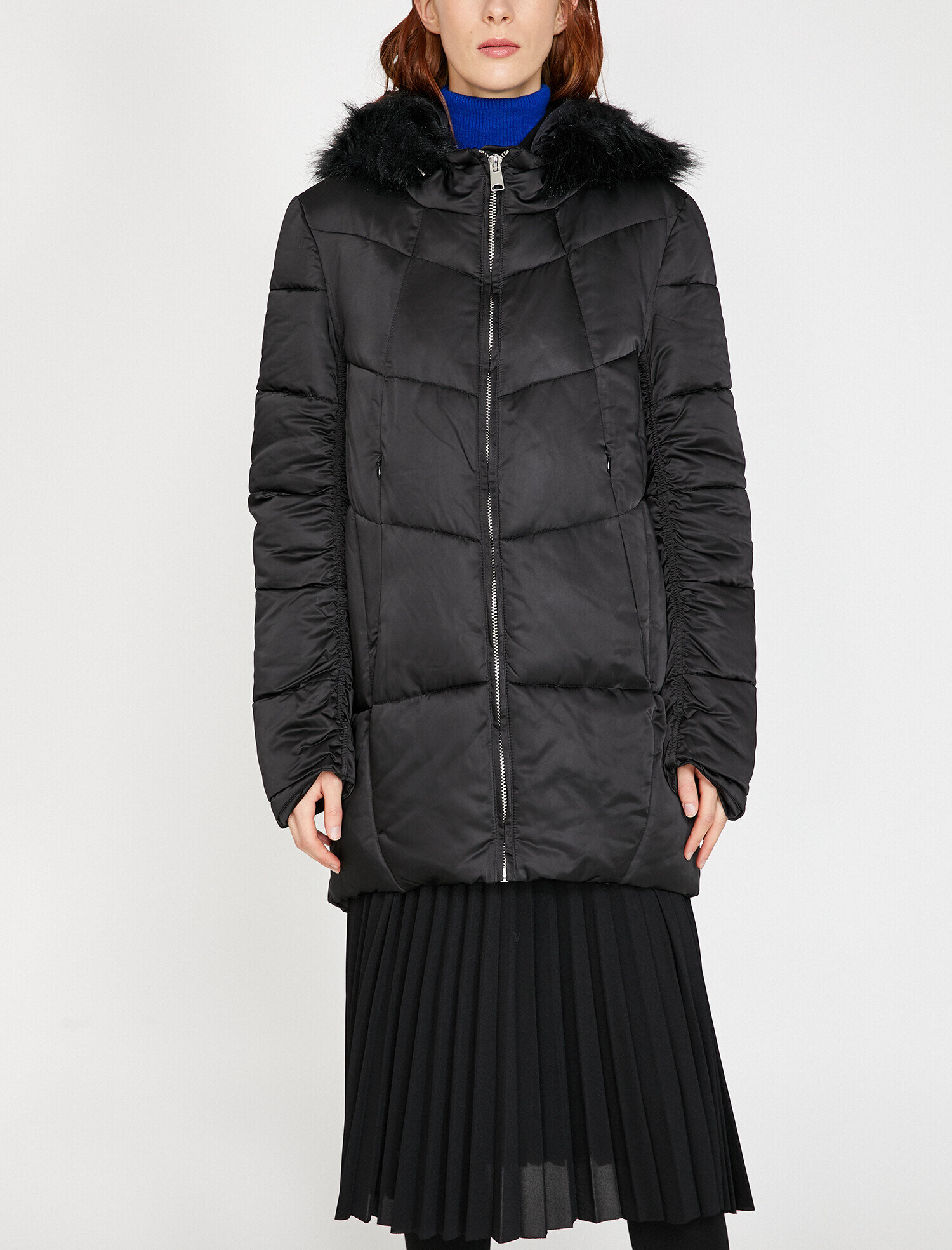 Suni Kürk Detaylı Kapüşonlu Uzun Şişme Mont