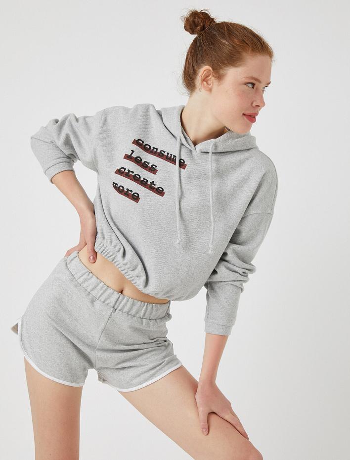  Crop Sweatshirt Kapüşonlu Fitilli Baskılı