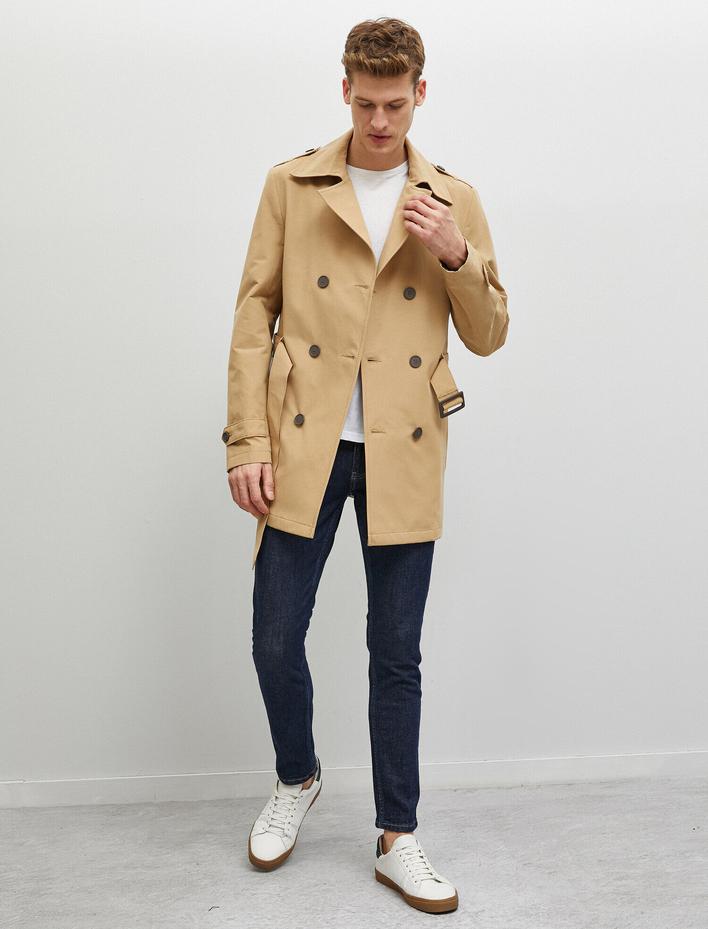  Düğmeli Trençkot Kemerli Pamuklu