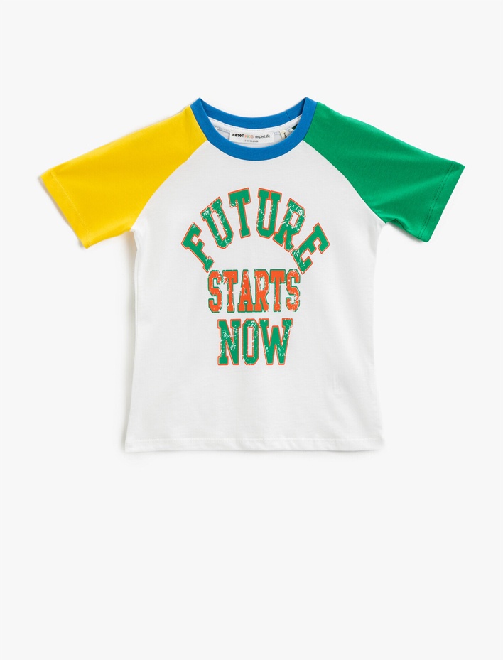 Erkek Çocuk Baskılı Tişört Renk Bloklu Pamuklu