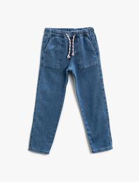 Kot Pantolon Beli Lastikli Pamuklu Cepli - Straight Jean