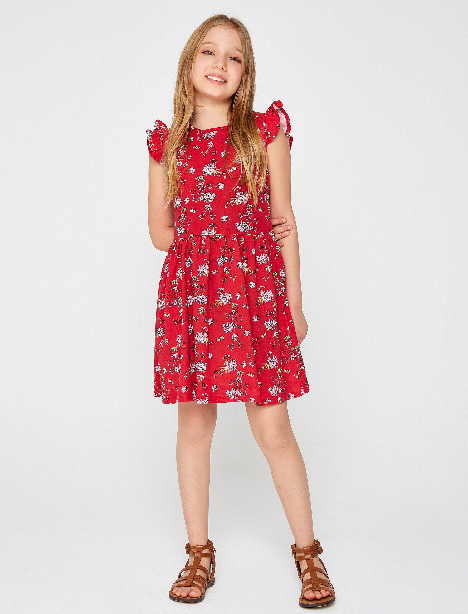  Kız Çocuk Çiçekli Yazlık Elbise Bisiklet Yaka Pamuklu A Kesim