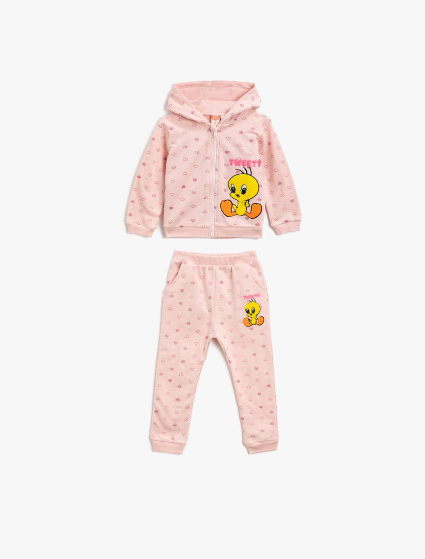  Kız Bebek Pamuklu Tweety Lisanslı İşlemeli Kapüşonlu Baskılı Sweatshirt