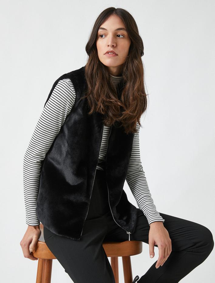  Suni Kürk Yelek Fermuarlı Kolsuz