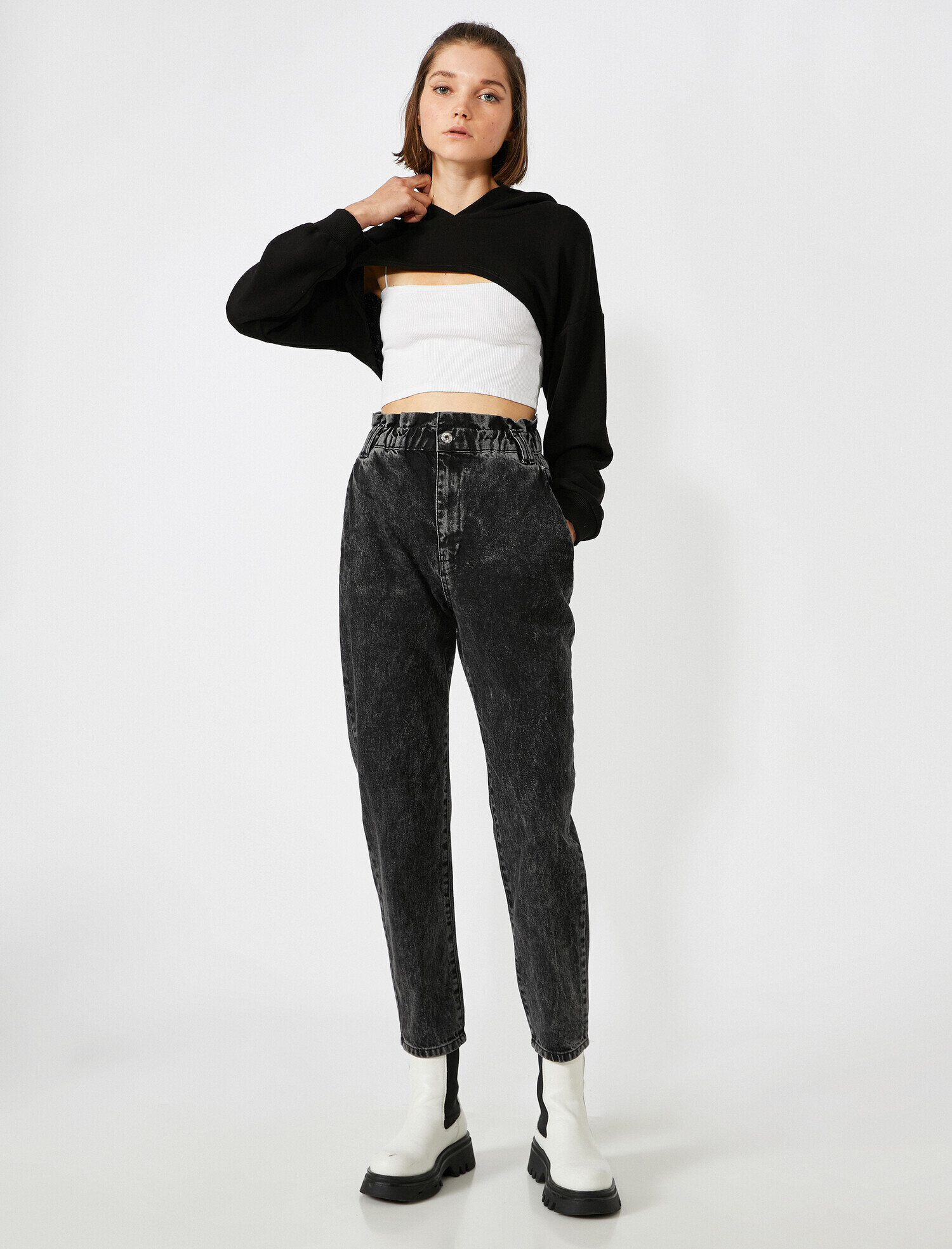   Yüksek Bel Beli Lastikli Kot Pantolon - Baggy Jean