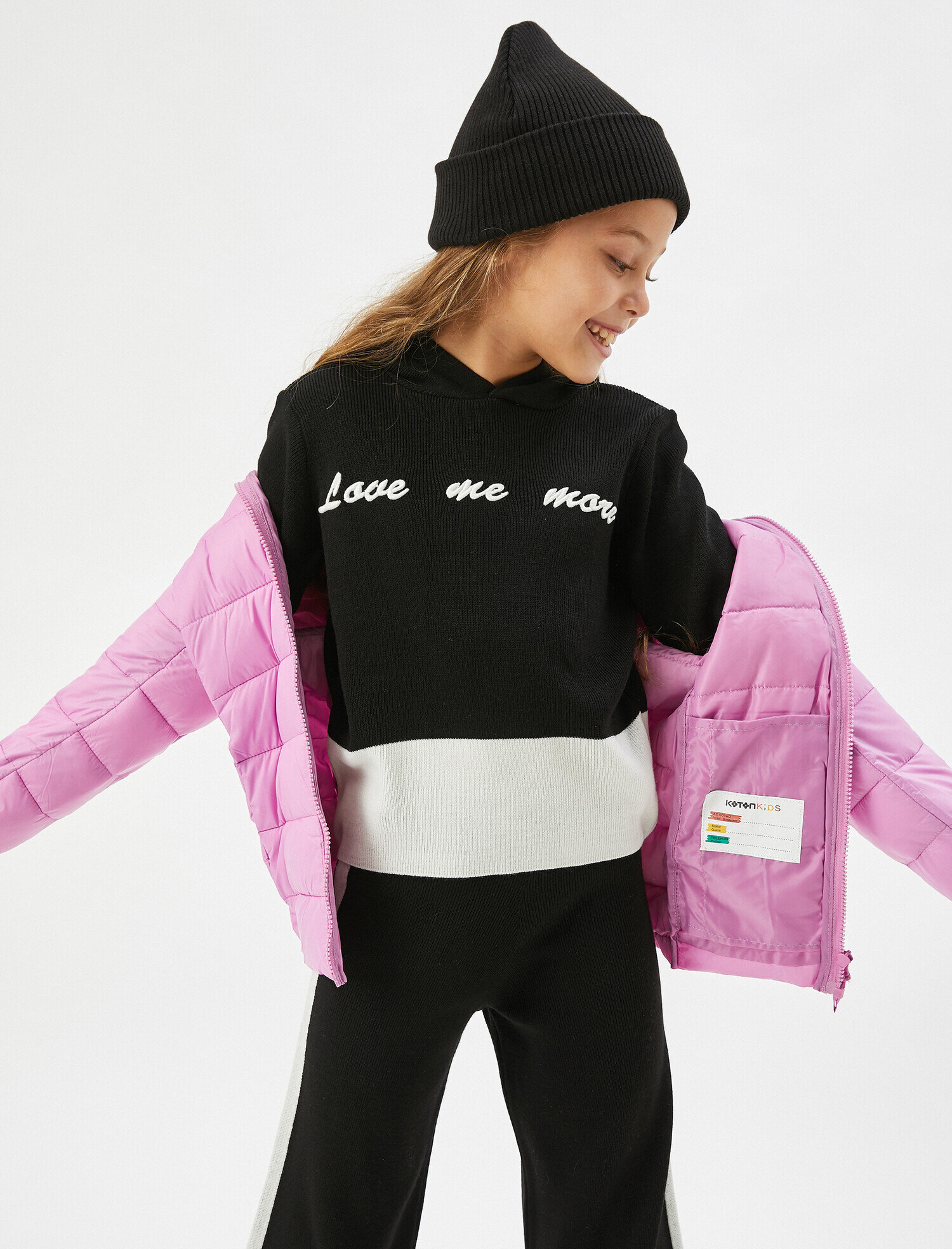 Kız Çocuk İşlemeli Kapüşonlu Kazak Renk Bloklu