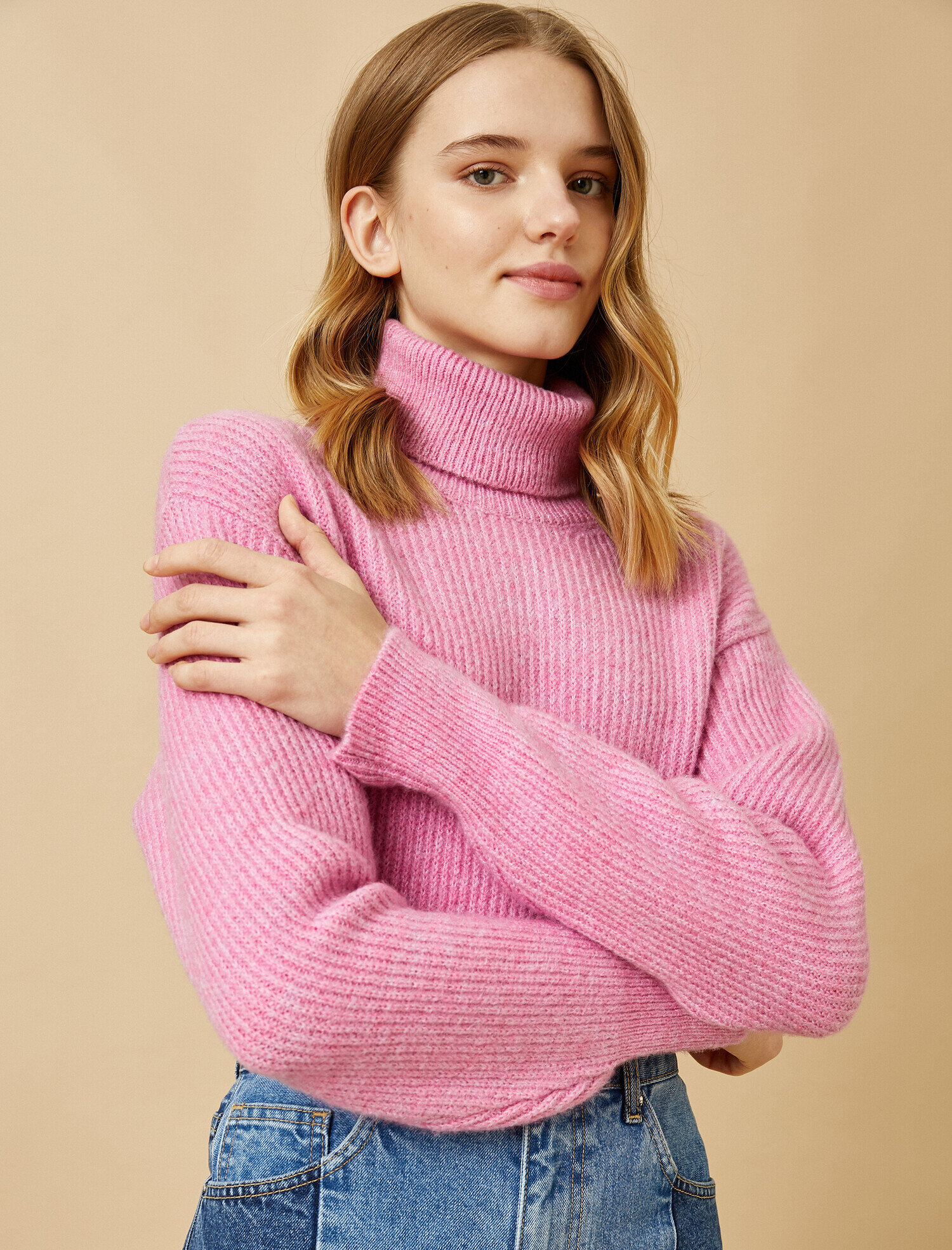   Crop Balıkçı Yaka Fitilli Triko Kazak