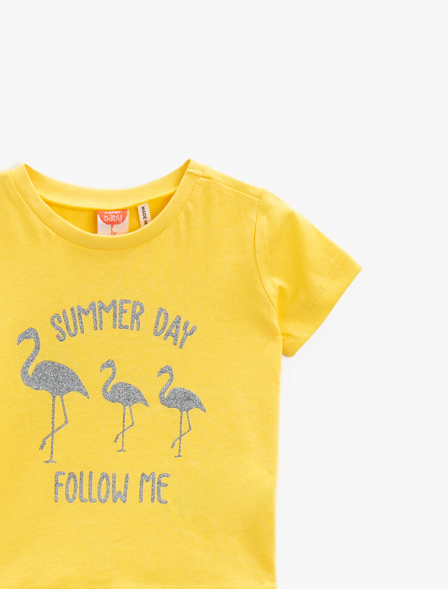  Kız Bebek Kısa Kollu Tişört Yazılı Baskılı Simli Pamuklu