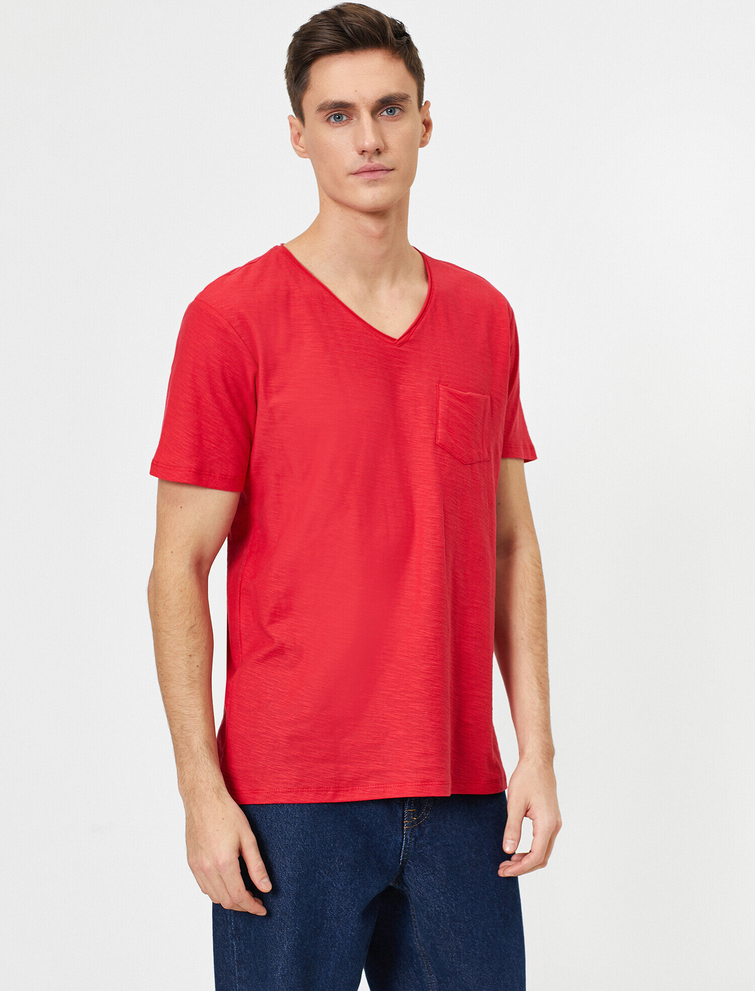 Basic Tişört V Yaka Kısa Kollu Cep Detaylı