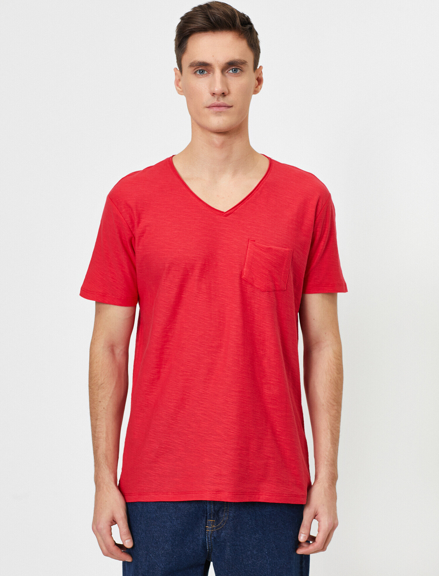 Basic Tişört V Yaka Kısa Kollu Cep Detaylı