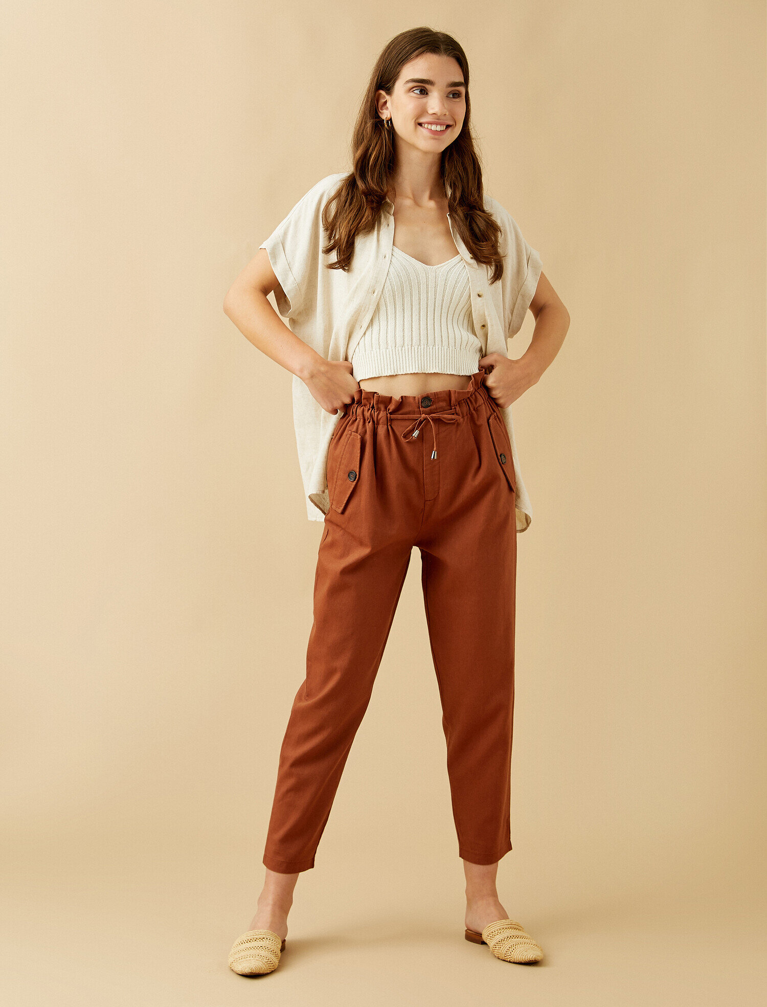   Belden Bağlamalı Pantolon Keten Karışımlı