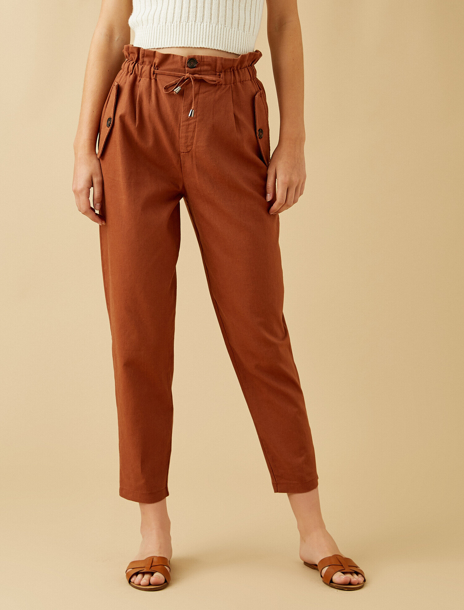   Belden Bağlamalı Pantolon Keten Karışımlı
