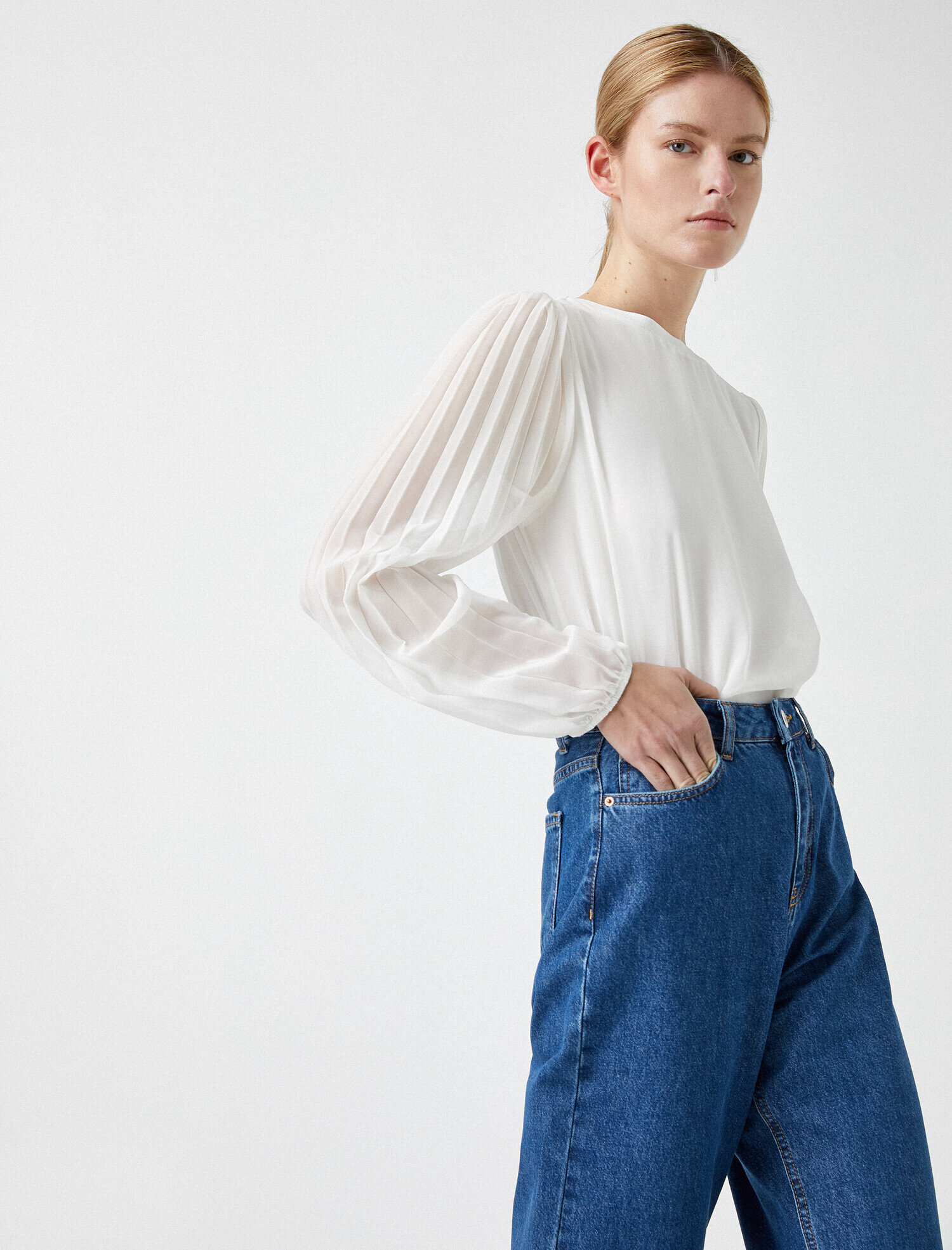   Tül Detaylı Bluz Bisiklet Yaka Uzun Kollu