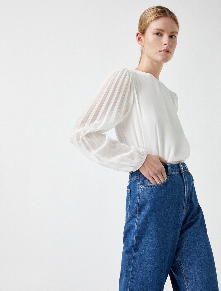  Tül Detaylı Bluz Bisiklet Yaka Uzun Kollu