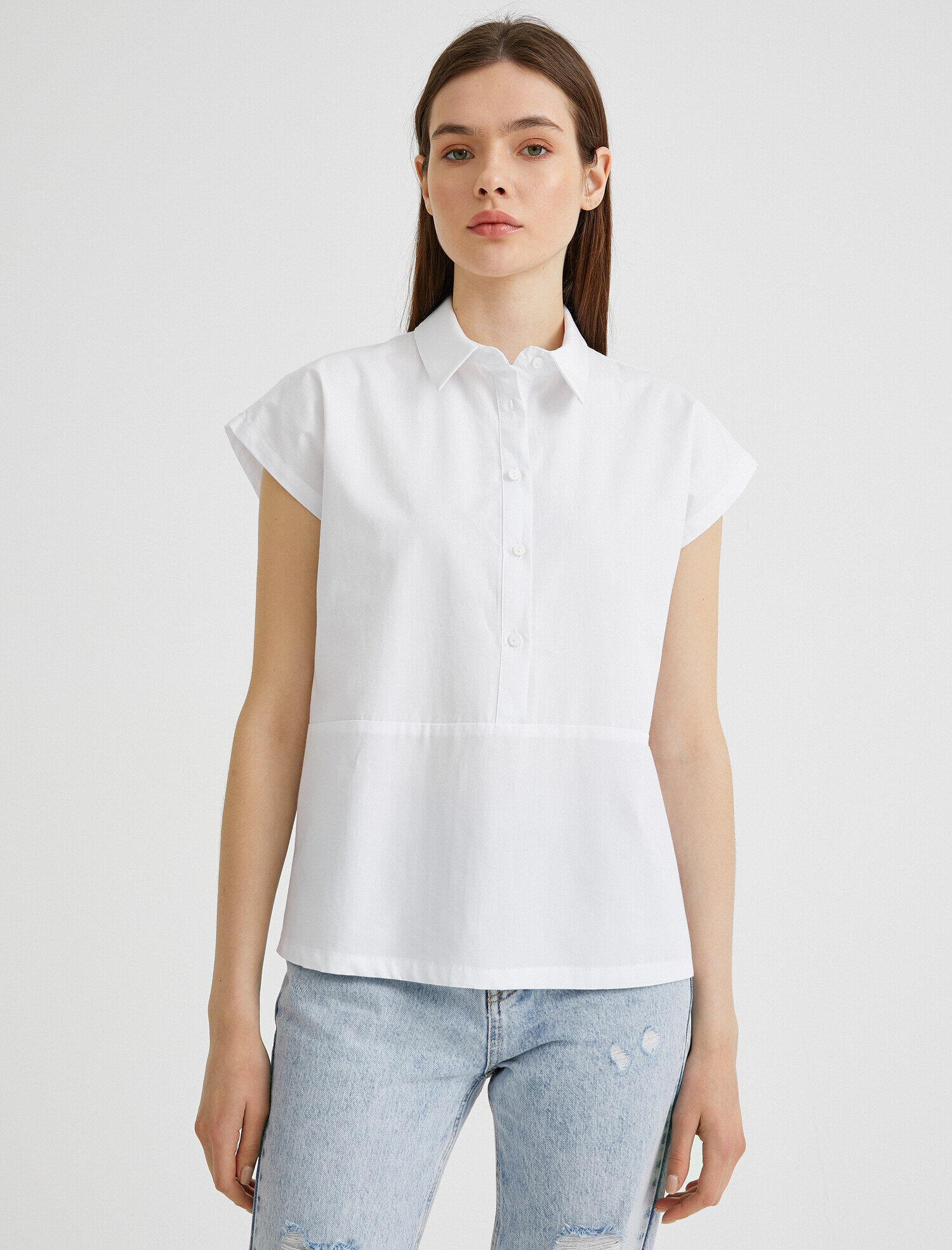   Gömlek Yaka Bluz Kısa Kollu Pamuklu