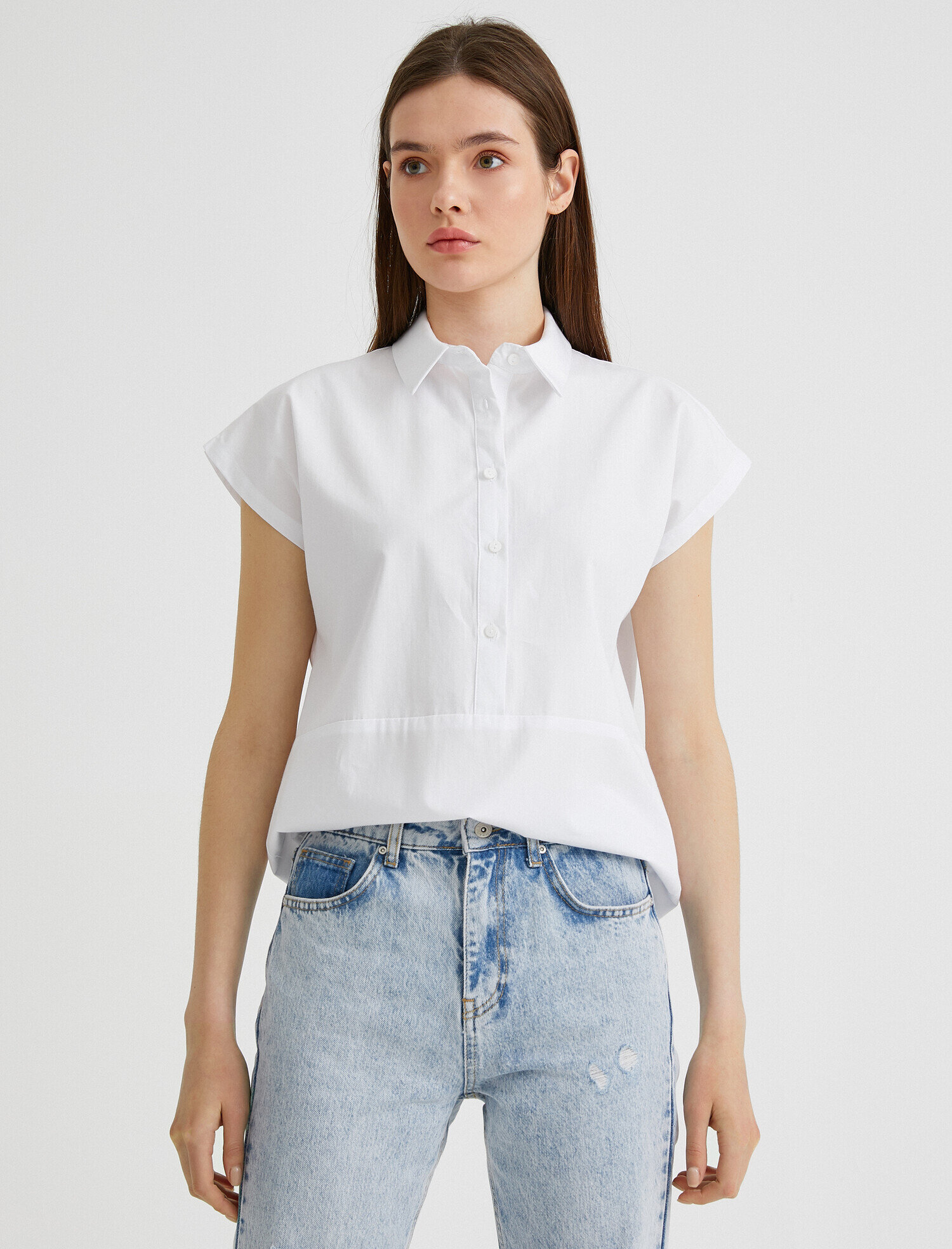   Gömlek Yaka Bluz Kısa Kollu Pamuklu