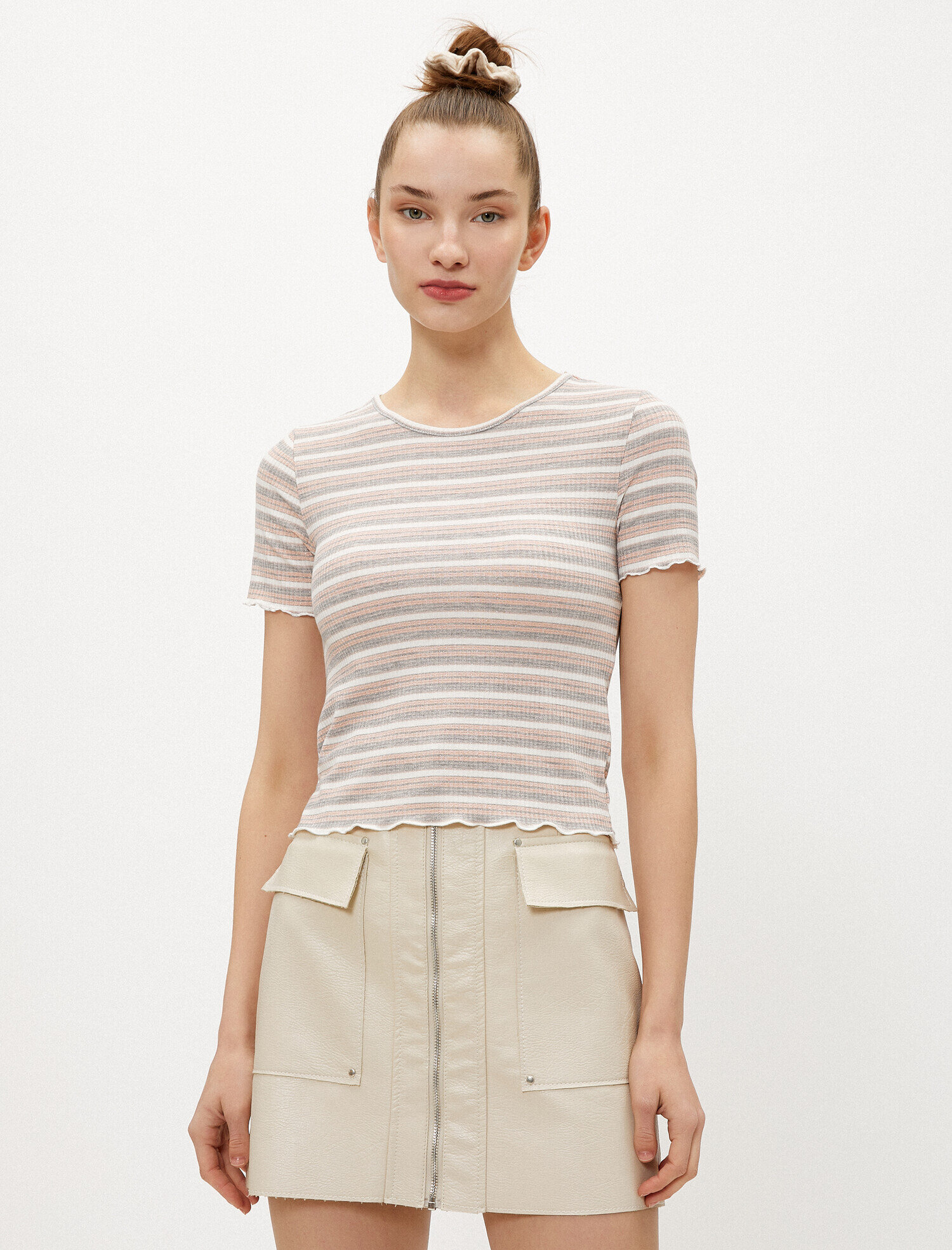   Çizgili Tişört Bisiklet Yaka Simli