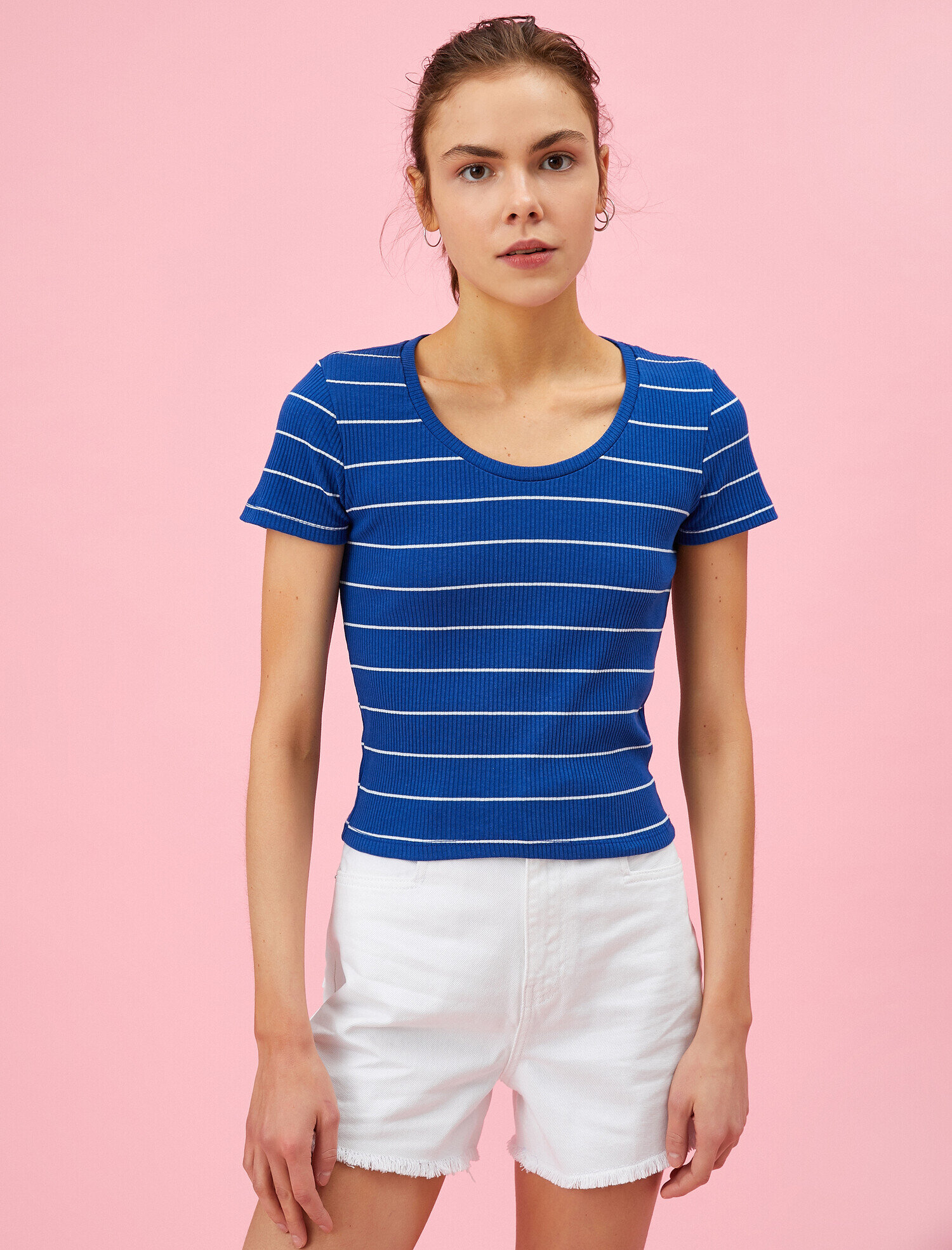   Çizgili Tişört Bisiklet Yaka